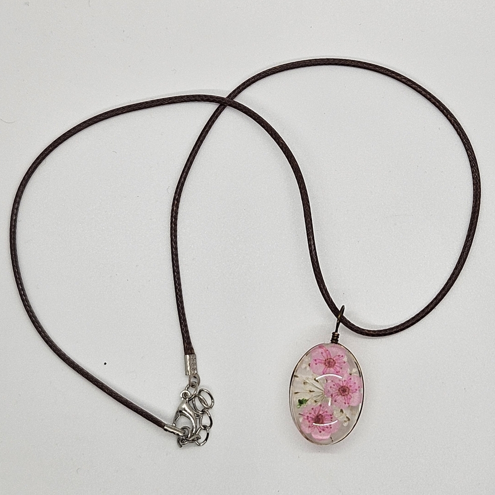 Necklace Pink Floral Acrylic Pendant Necklace Dried Flowers - Picture 6 of 15